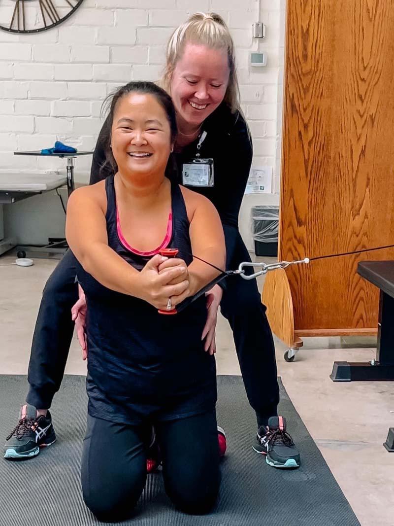 Amanda Porter (front) in physical therapy with her therapist, Jan Bonner. (Photo courtesy of Amanda Porter)