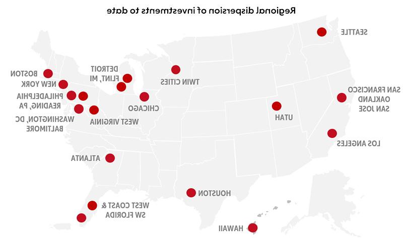 浅灰色U.S. 地图上的红点表示AHA社会影响基金迄今为止投资的区域分布